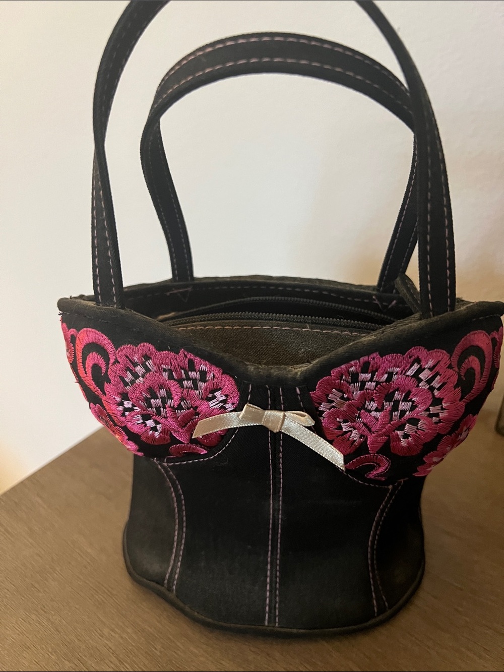 Black Mini Tote with Pink Embroidered Floral Accent
